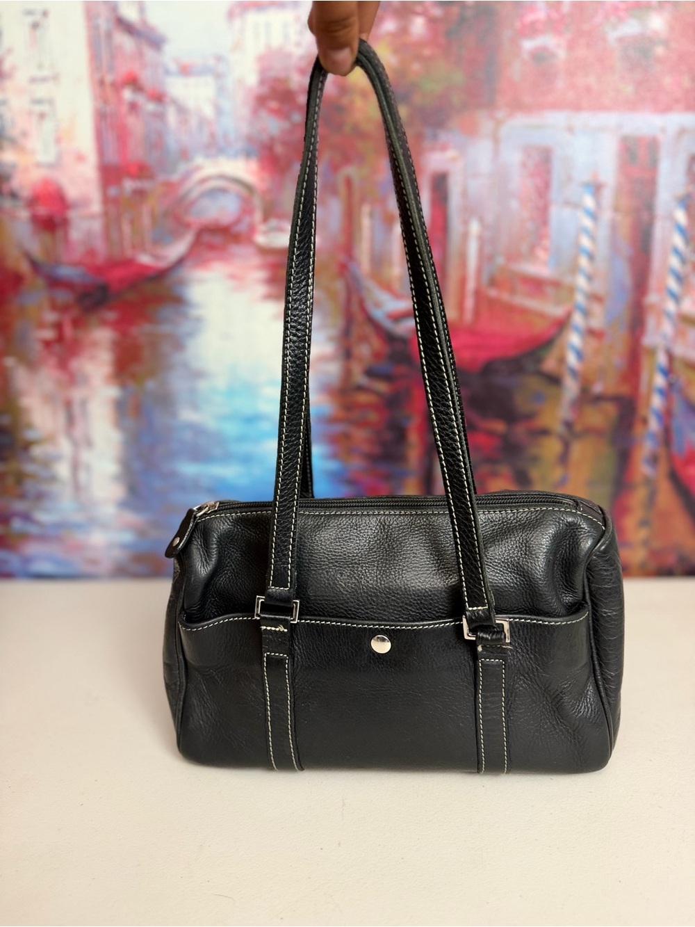 Vintage Roots Canada Black Genuine Leather Shoulder Bag Made in Canada